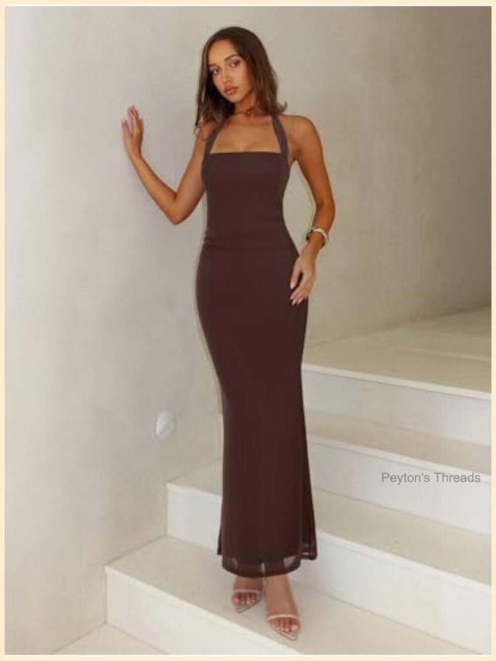 Sheer Mesh Sleeveless Maxi Dress Bodycon Square Neck Halter Tie Back - Picture 2 of 6